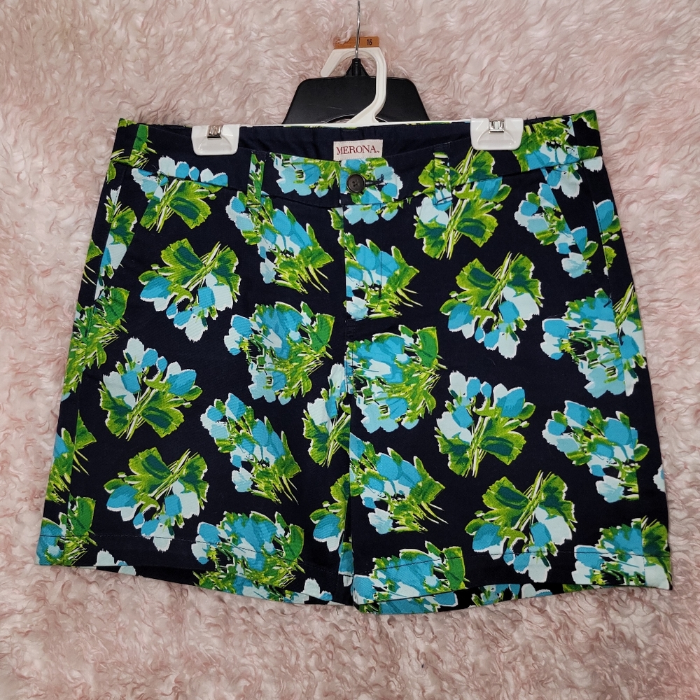 Merona Chino shorts sz 10 7in inseam navy with blue/green flower pattern
